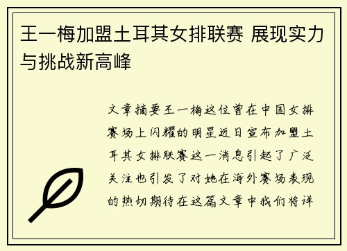 王一梅加盟土耳其女排联赛 展现实力与挑战新高峰